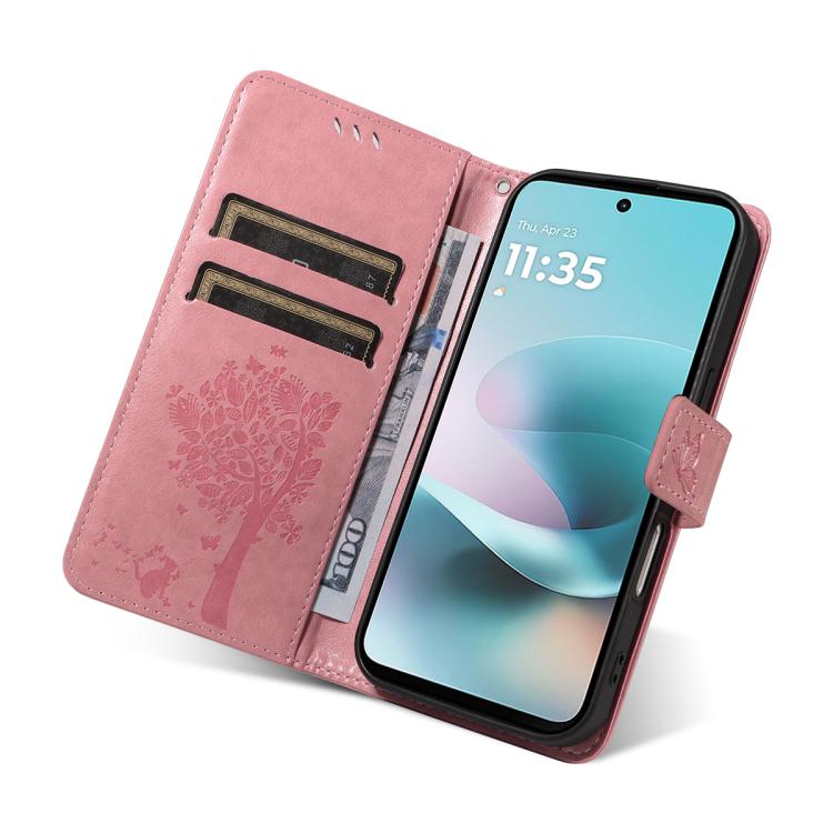 For Motorola Moto G67 Power 5G Tree & Cat Embossed Pattern Flip Leather Phone Case
