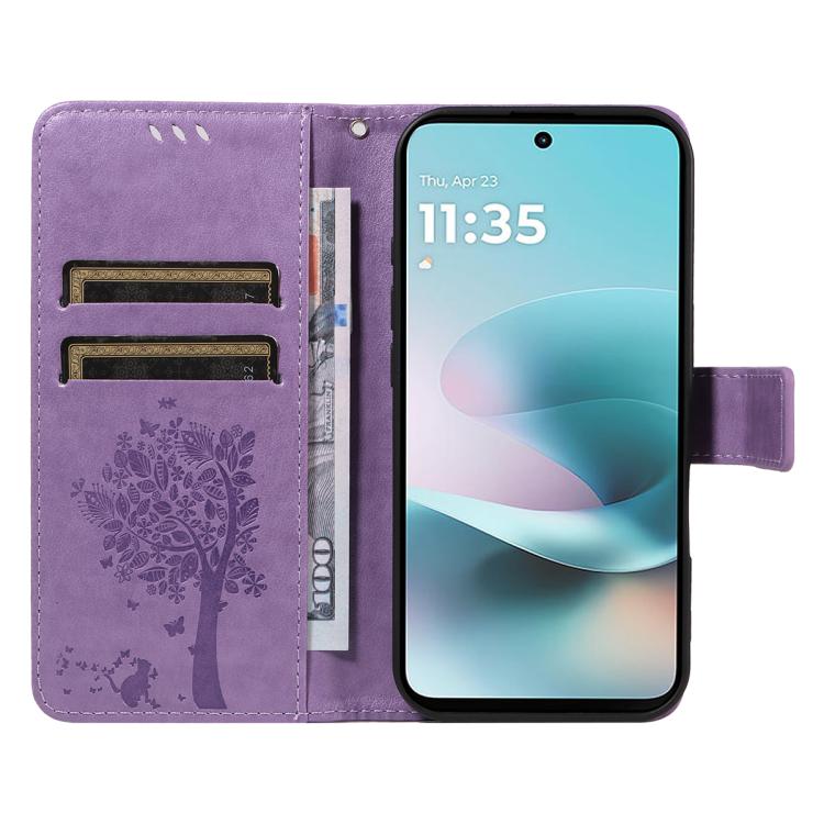 For Motorola Moto G67 Power 5G Tree & Cat Embossed Pattern Flip Leather Phone Case