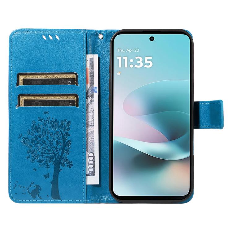 For Motorola Moto G67 Power 5G Tree & Cat Embossed Pattern Flip Leather Phone Case