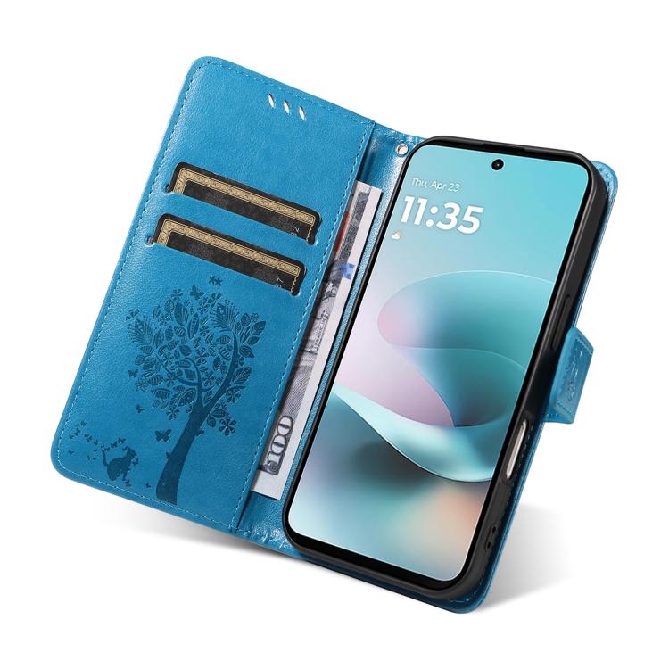 For Motorola Moto G67 Power 5G Tree & Cat Embossed Pattern Flip Leather Phone Case