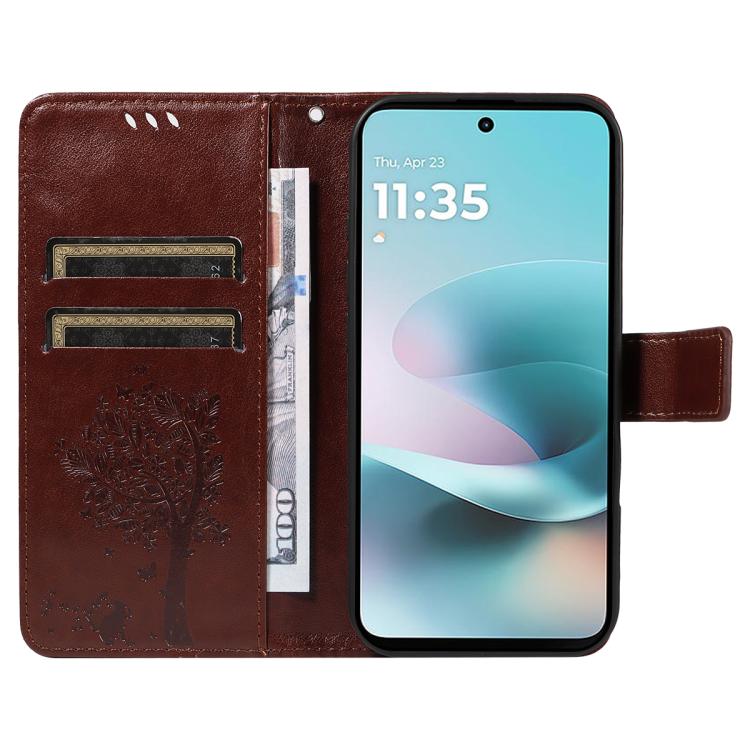 For Motorola Moto G67 Power 5G Tree & Cat Embossed Pattern Flip Leather Phone Case