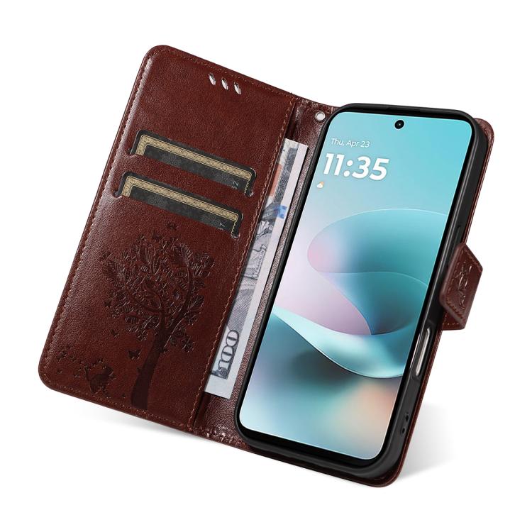 For Motorola Moto G67 Power 5G Tree & Cat Embossed Pattern Flip Leather Phone Case