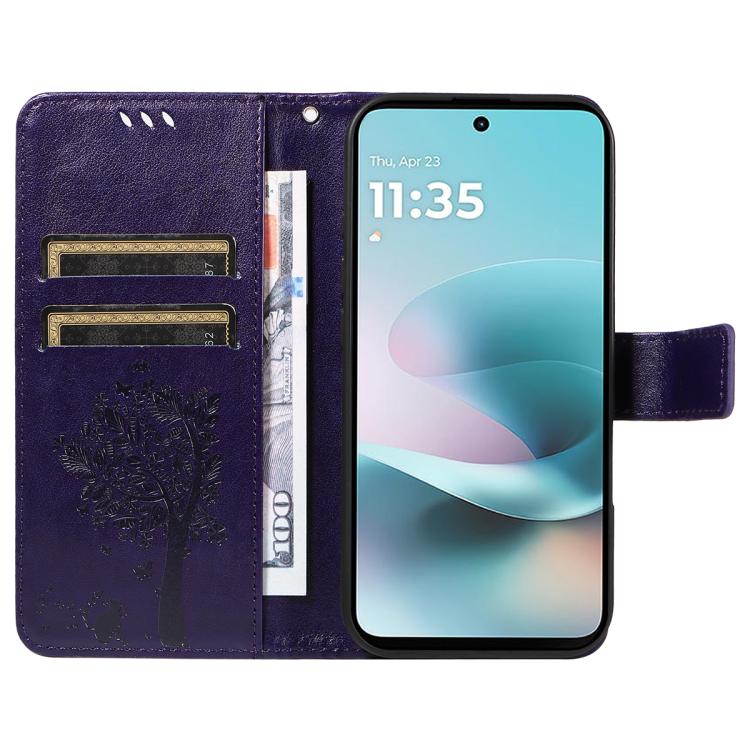For Motorola Moto G67 Power 5G Tree & Cat Embossed Pattern Flip Leather Phone Case