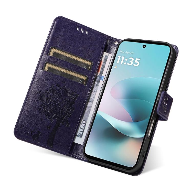 For Motorola Moto G67 Power 5G Tree & Cat Embossed Pattern Flip Leather Phone Case