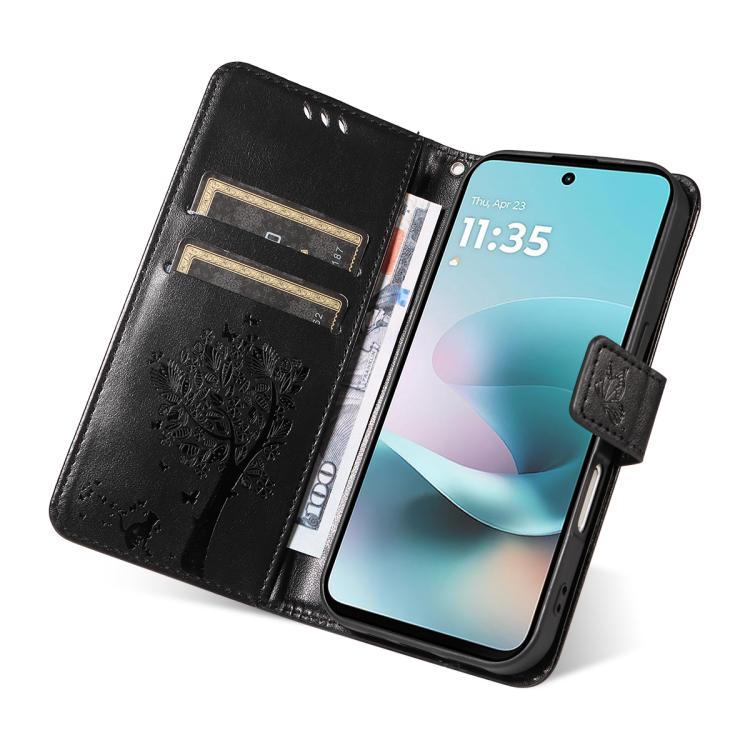 For Motorola Moto G67 Power 5G Tree & Cat Embossed Pattern Flip Leather Phone Case
