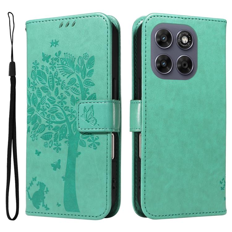 For Motorola Moto G67 5G/G77 5G Global Tree & Cat Embossed Pattern Flip Leather Phone Case