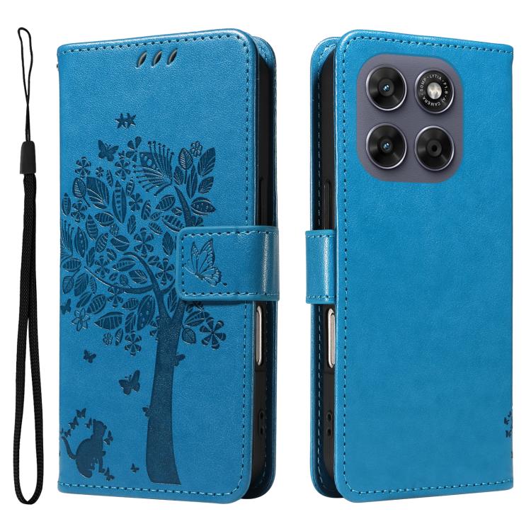 For Motorola Moto G67 5G/G77 5G Global Tree & Cat Embossed Pattern Flip Leather Phone Case