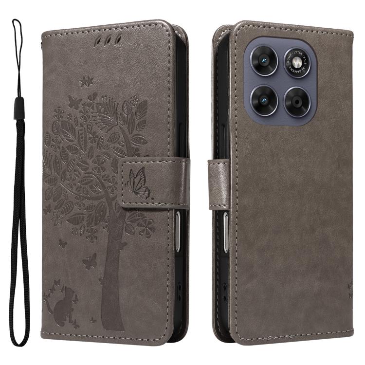 For Motorola Moto G67 5G/G77 5G Global Tree & Cat Embossed Pattern Flip Leather Phone Case