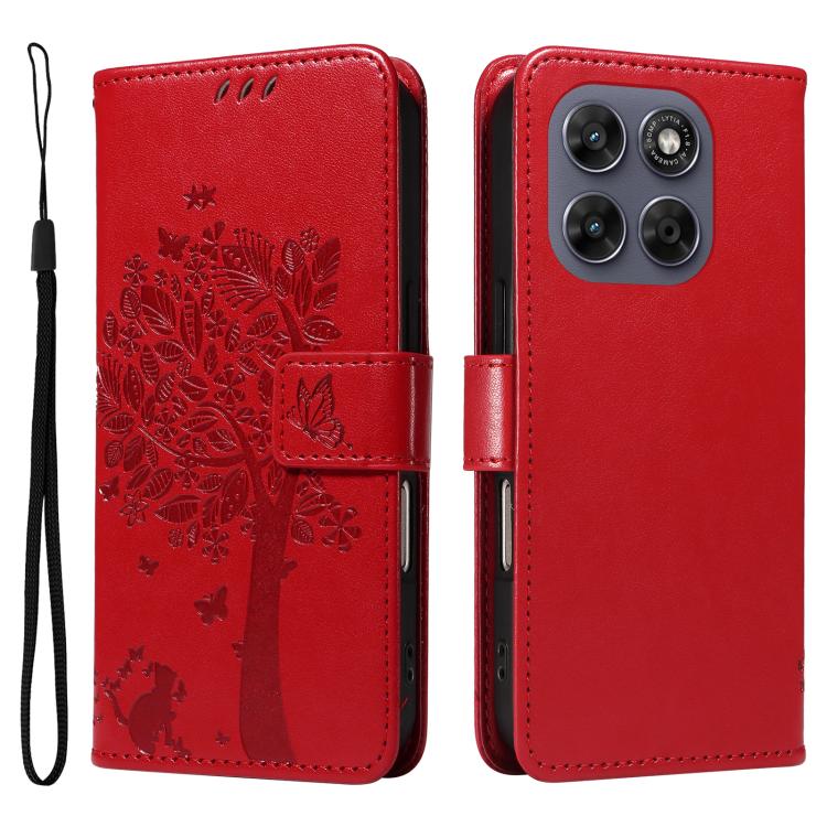 For Motorola Moto G67 5G/G77 5G Global Tree & Cat Embossed Pattern Flip Leather Phone Case