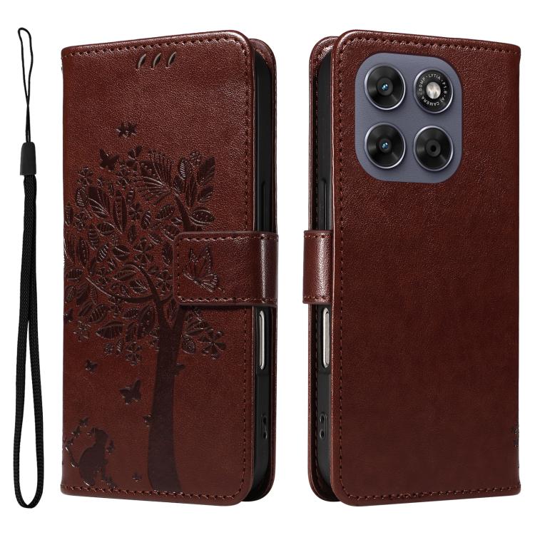 For Motorola Moto G67 5G/G77 5G Global Tree & Cat Embossed Pattern Flip Leather Phone Case