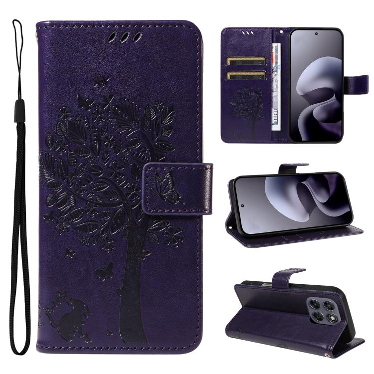 For Motorola Moto G67 5G/G77 5G Global Tree & Cat Embossed Pattern Flip Leather Phone Case