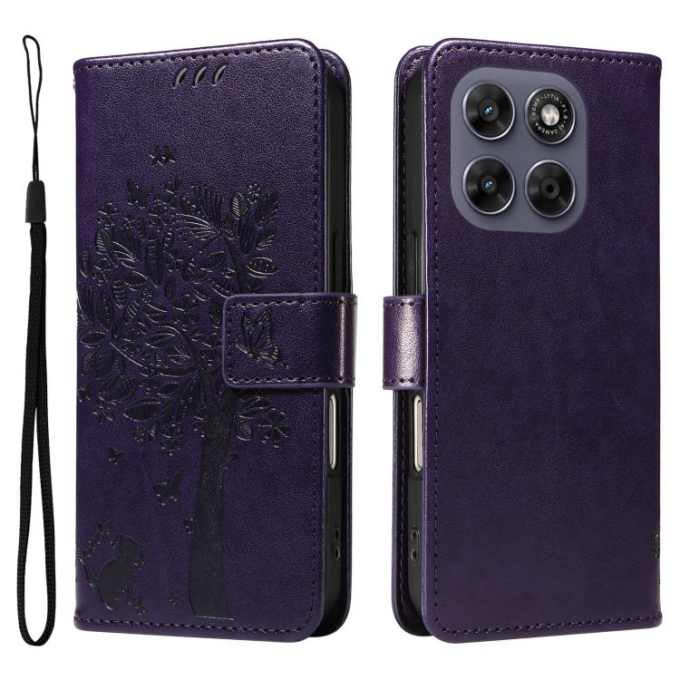 For Motorola Moto G67 5G/G77 5G Global Tree & Cat Embossed Pattern Flip Leather Phone Case