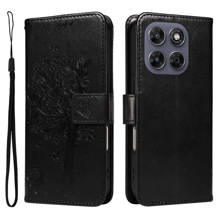 For Motorola Moto G67 5G/G77 5G Global Tree & Cat Embossed Pattern Flip Leather Phone Case