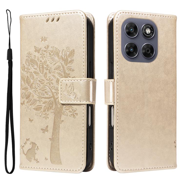 For Motorola Moto G67 5G/G77 5G Global Tree & Cat Embossed Pattern Flip Leather Phone Case