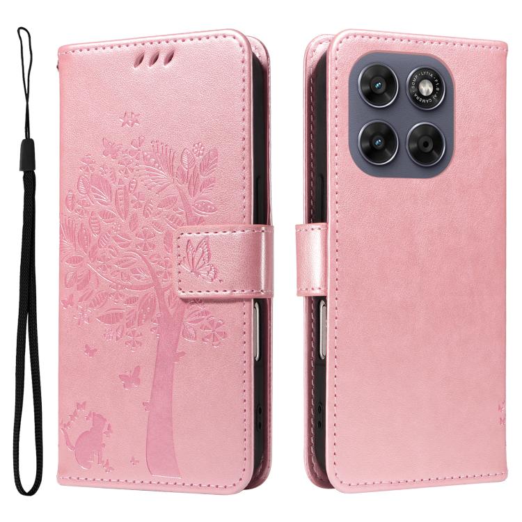 For Motorola Moto G67 5G/G77 5G Global Tree & Cat Embossed Pattern Flip Leather Phone Case