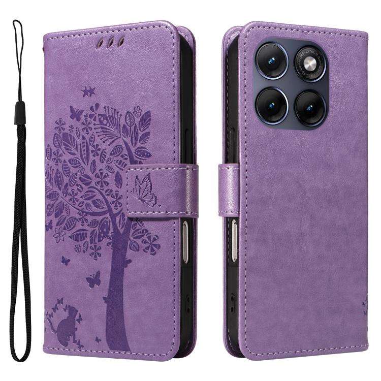 For Motorola Edge 70 Fusion 5G Tree & Cat Embossed Pattern Flip Leather Phone Case