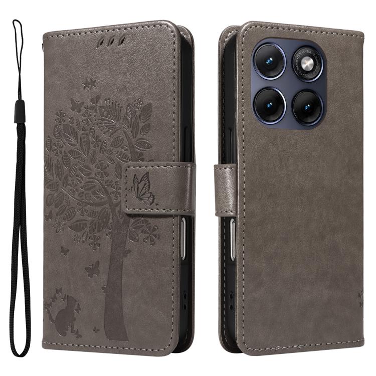 For Motorola Edge 70 Fusion 5G Tree & Cat Embossed Pattern Flip Leather Phone Case