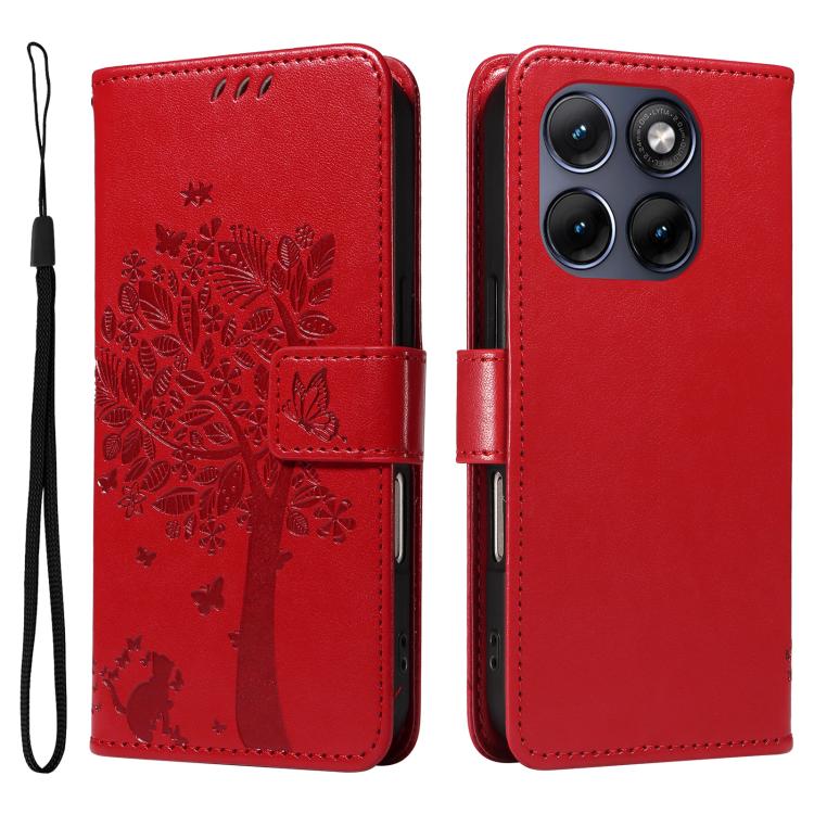 For Motorola Edge 70 Fusion 5G Tree & Cat Embossed Pattern Flip Leather Phone Case