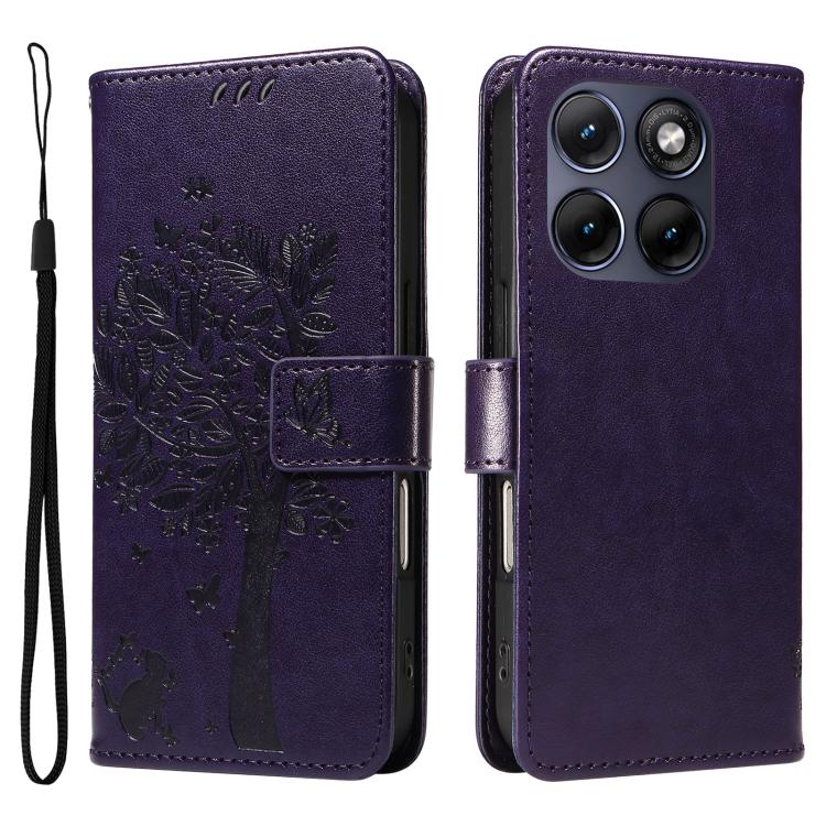 For Motorola Edge 70 Fusion 5G Tree & Cat Embossed Pattern Flip Leather Phone Case