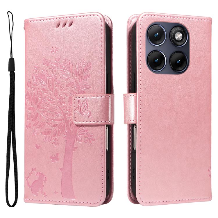 For Motorola Edge 70 Fusion 5G Tree & Cat Embossed Pattern Flip Leather Phone Case
