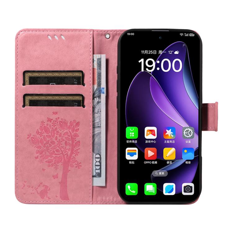 For OPPO Reno13 5G Global Tree & Cat Embossed Pattern Flip Leather Phone Case