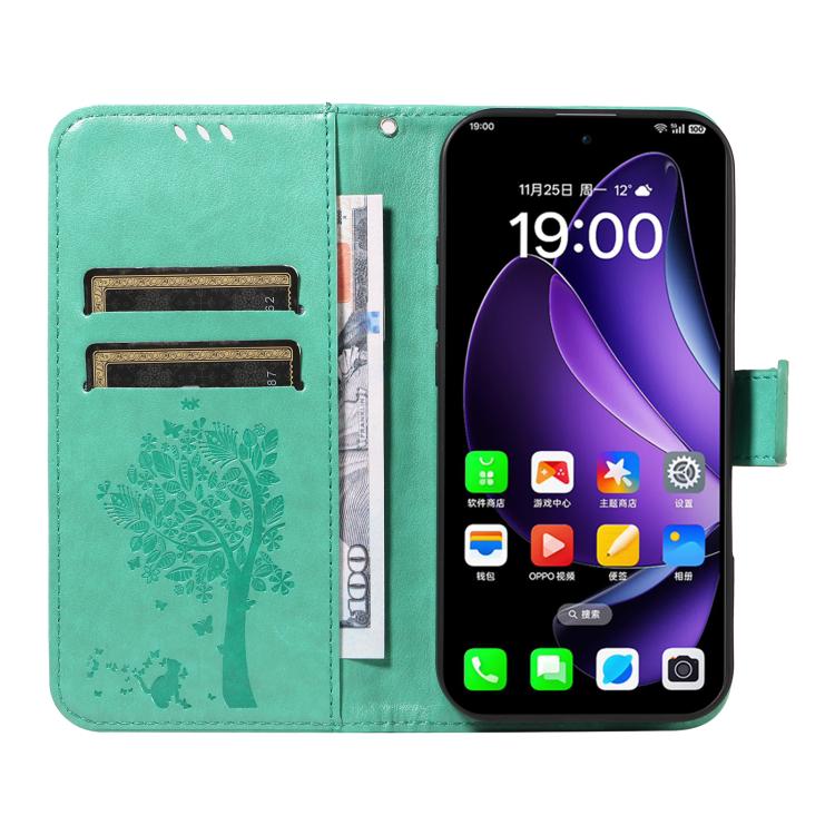 For OPPO Reno13 5G Global Tree & Cat Embossed Pattern Flip Leather Phone Case