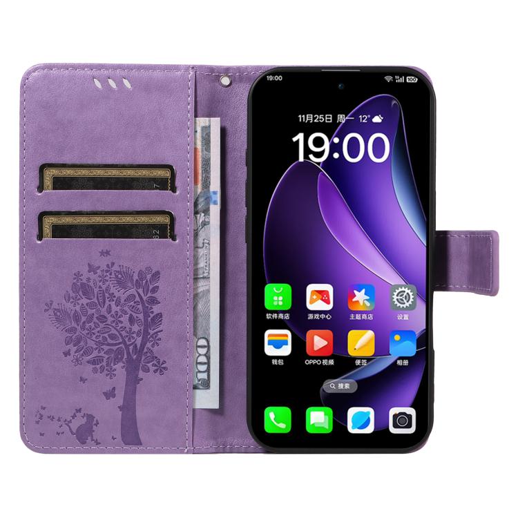 For OPPO Reno13 5G Global Tree & Cat Embossed Pattern Flip Leather Phone Case