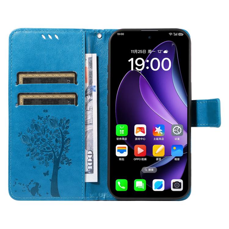 For OPPO Reno13 5G Global Tree & Cat Embossed Pattern Flip Leather Phone Case
