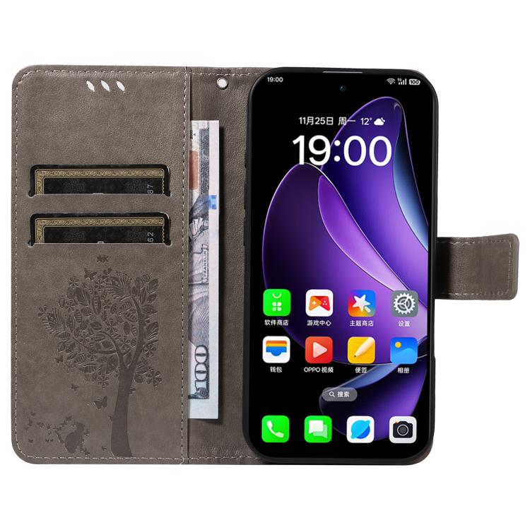 For OPPO Reno13 5G Global Tree & Cat Embossed Pattern Flip Leather Phone Case