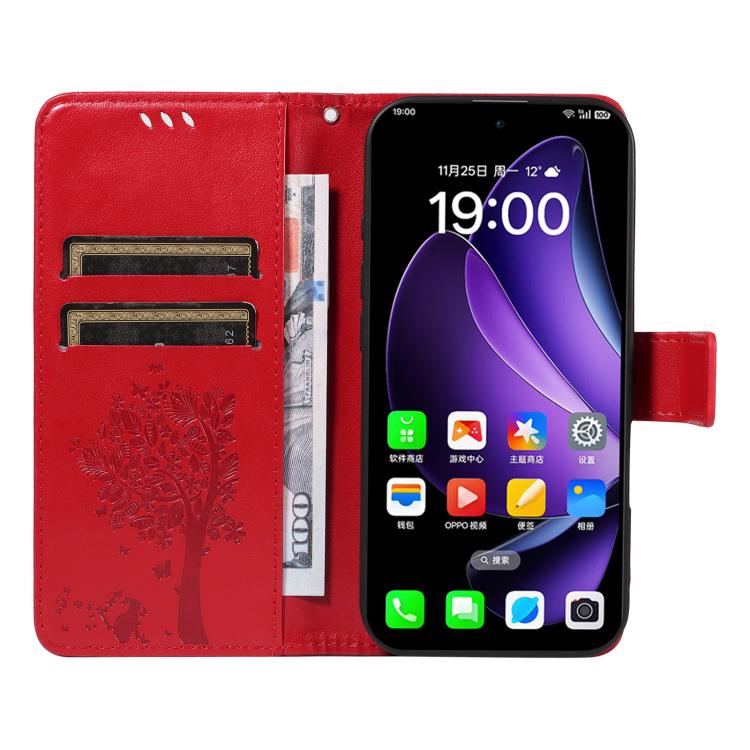 For OPPO Reno13 5G Global Tree & Cat Embossed Pattern Flip Leather Phone Case