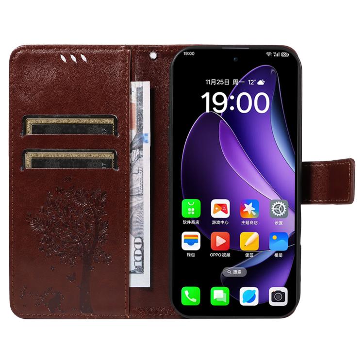 For OPPO Reno13 5G Global Tree & Cat Embossed Pattern Flip Leather Phone Case
