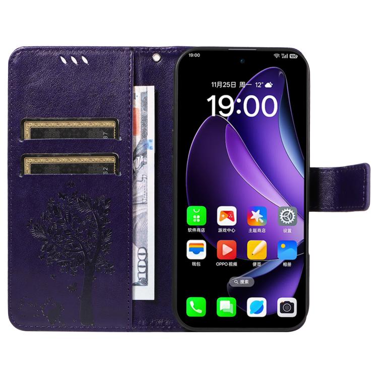 For OPPO Reno13 5G Global Tree & Cat Embossed Pattern Flip Leather Phone Case