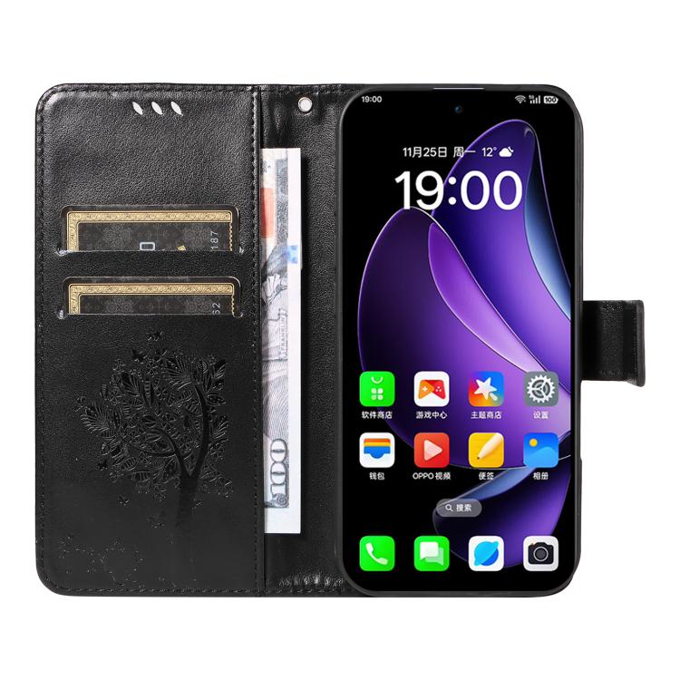 For OPPO Reno13 5G Global Tree & Cat Embossed Pattern Flip Leather Phone Case