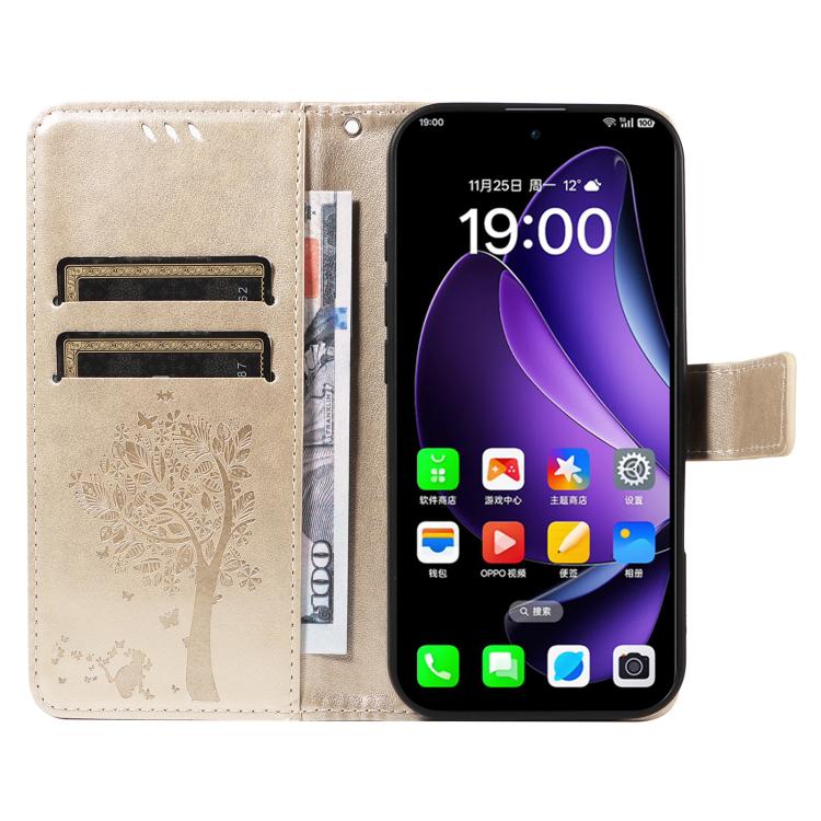 For OPPO Reno13 5G Global Tree & Cat Embossed Pattern Flip Leather Phone Case