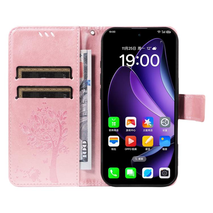 For OPPO Reno13 5G Global Tree & Cat Embossed Pattern Flip Leather Phone Case
