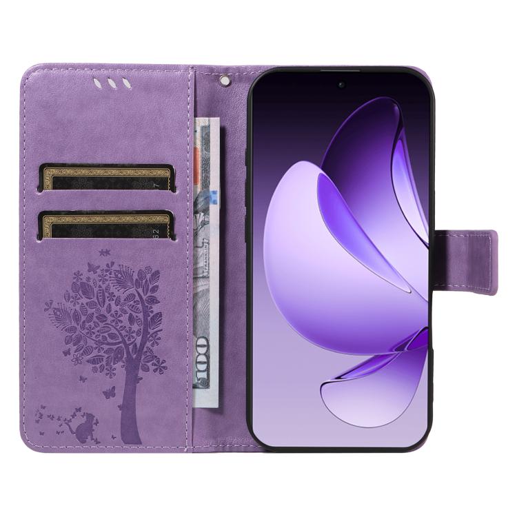 For OPPO Reno13 Pro 5G Global Tree & Cat Embossed Pattern Flip Leather Phone Case