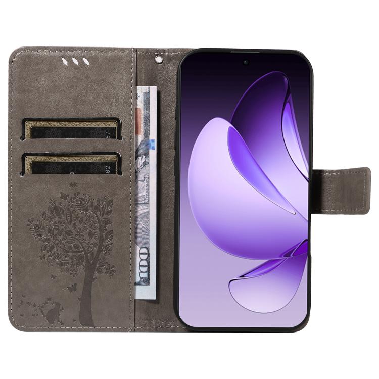For OPPO Reno13 Pro 5G Global Tree & Cat Embossed Pattern Flip Leather Phone Case