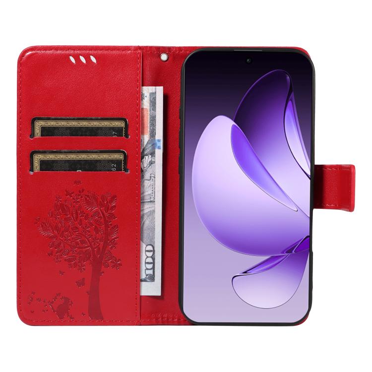 For OPPO Reno13 Pro 5G Global Tree & Cat Embossed Pattern Flip Leather Phone Case
