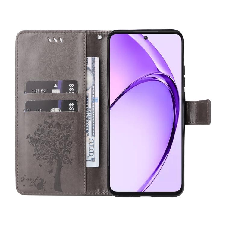 For OPPO K12X 5G Global Tree & Cat Embossed Pattern Flip Leather Phone Case