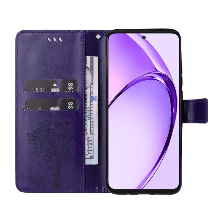 For OPPO K12X 5G Global Tree & Cat Embossed Pattern Flip Leather Phone Case