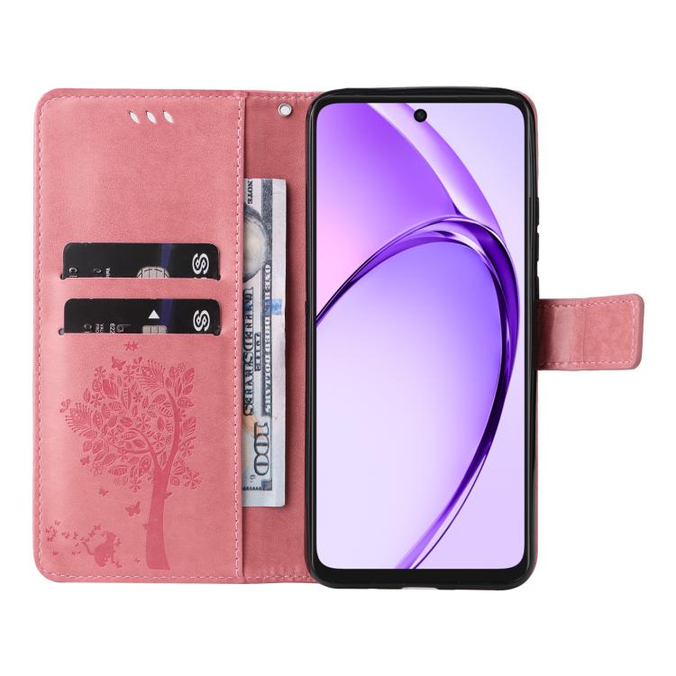 For OPPO A3 4G Global / A60 5G Tree & Cat Embossed Pattern Flip Leather Phone Case