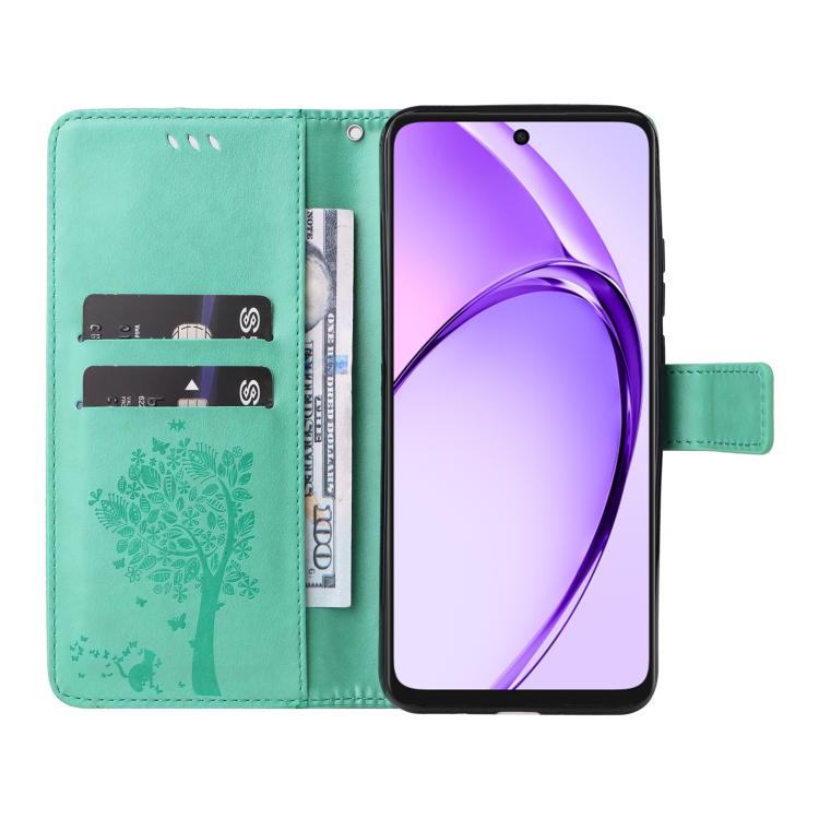 For OPPO A3 4G Global / A60 5G Tree & Cat Embossed Pattern Flip Leather Phone Case