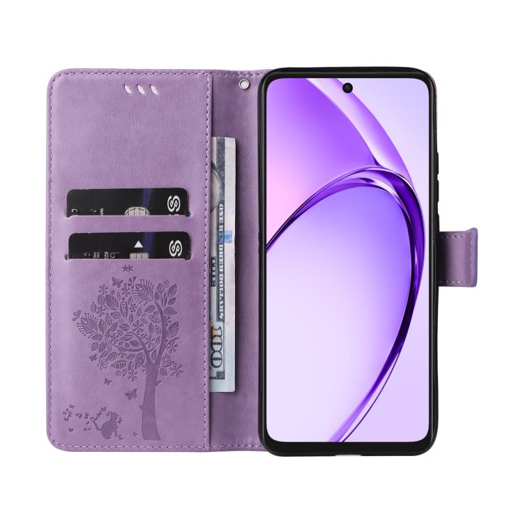 For OPPO A3 4G Global / A60 5G Tree & Cat Embossed Pattern Flip Leather Phone Case