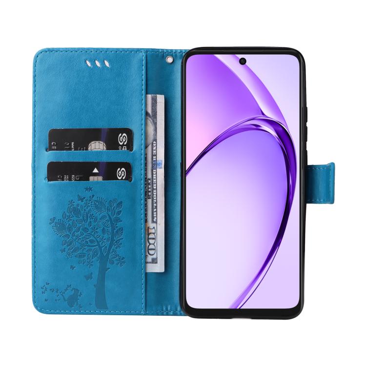 For OPPO A3 4G Global / A60 5G Tree & Cat Embossed Pattern Flip Leather Phone Case