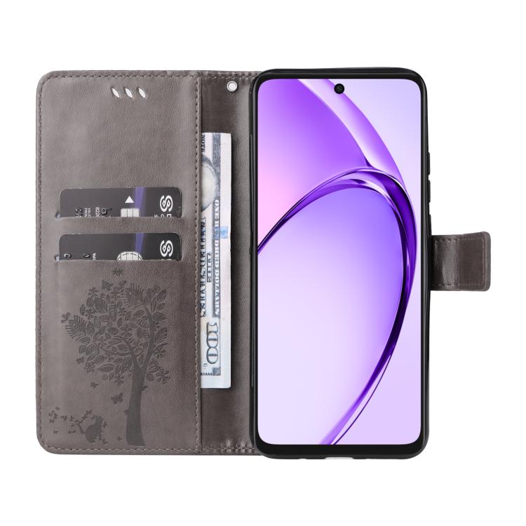 For OPPO A3 4G Global / A60 5G Tree & Cat Embossed Pattern Flip Leather Phone Case