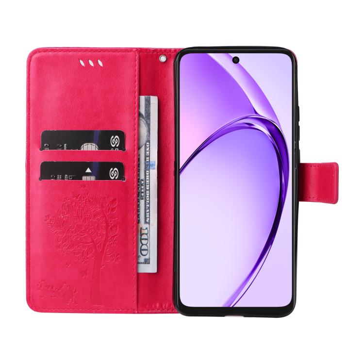 For OPPO A3 4G Global / A60 5G Tree & Cat Embossed Pattern Flip Leather Phone Case