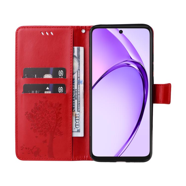 For OPPO A3 4G Global / A60 5G Tree & Cat Embossed Pattern Flip Leather Phone Case