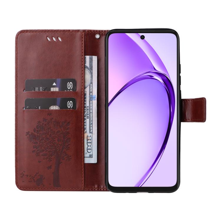For OPPO A3 4G Global / A60 5G Tree & Cat Embossed Pattern Flip Leather Phone Case