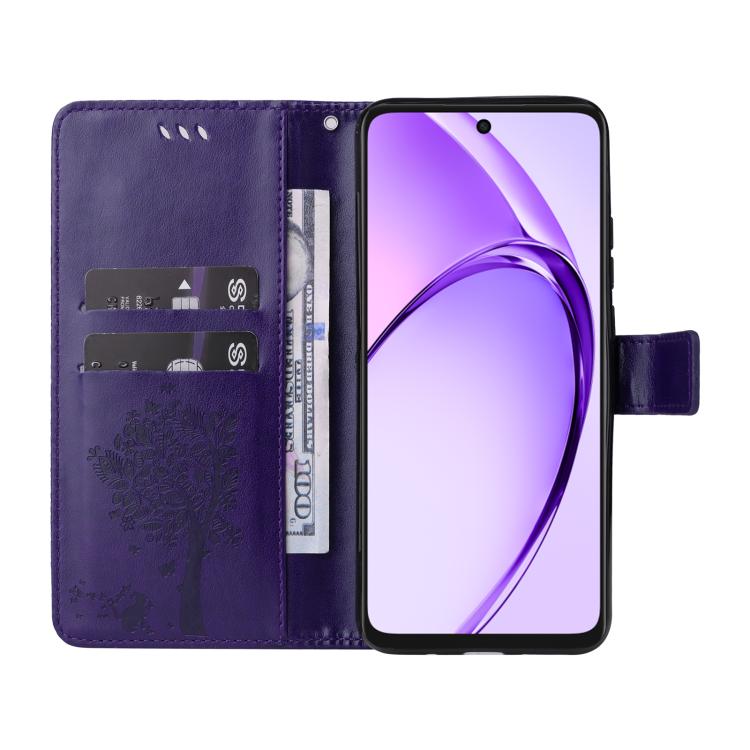 For OPPO A3 4G Global / A60 5G Tree & Cat Embossed Pattern Flip Leather Phone Case