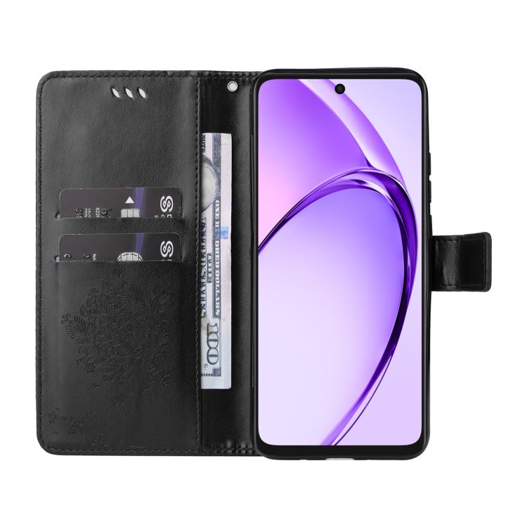 For OPPO A3 4G Global / A60 5G Tree & Cat Embossed Pattern Flip Leather Phone Case
